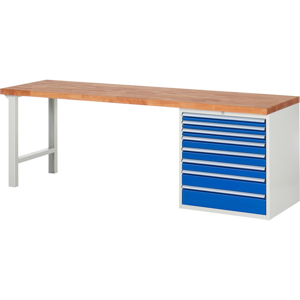 RAU Werkbank Serie 7000, 1 Container, HxBxT 890 x 2.500 x 700 mm, 8 x 90%-Auszug-Schubladen, Schubladen-TK 75 kg