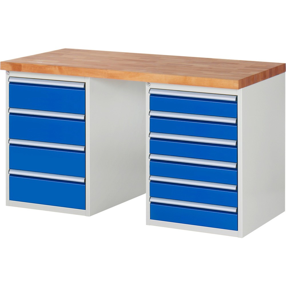 RAU Werkbank Serie 7000, 2 Container, HxBxT 840 x 1.500 x 700 mm, 10 Schubladen 6 x 120 mm, 4 x 180 mm