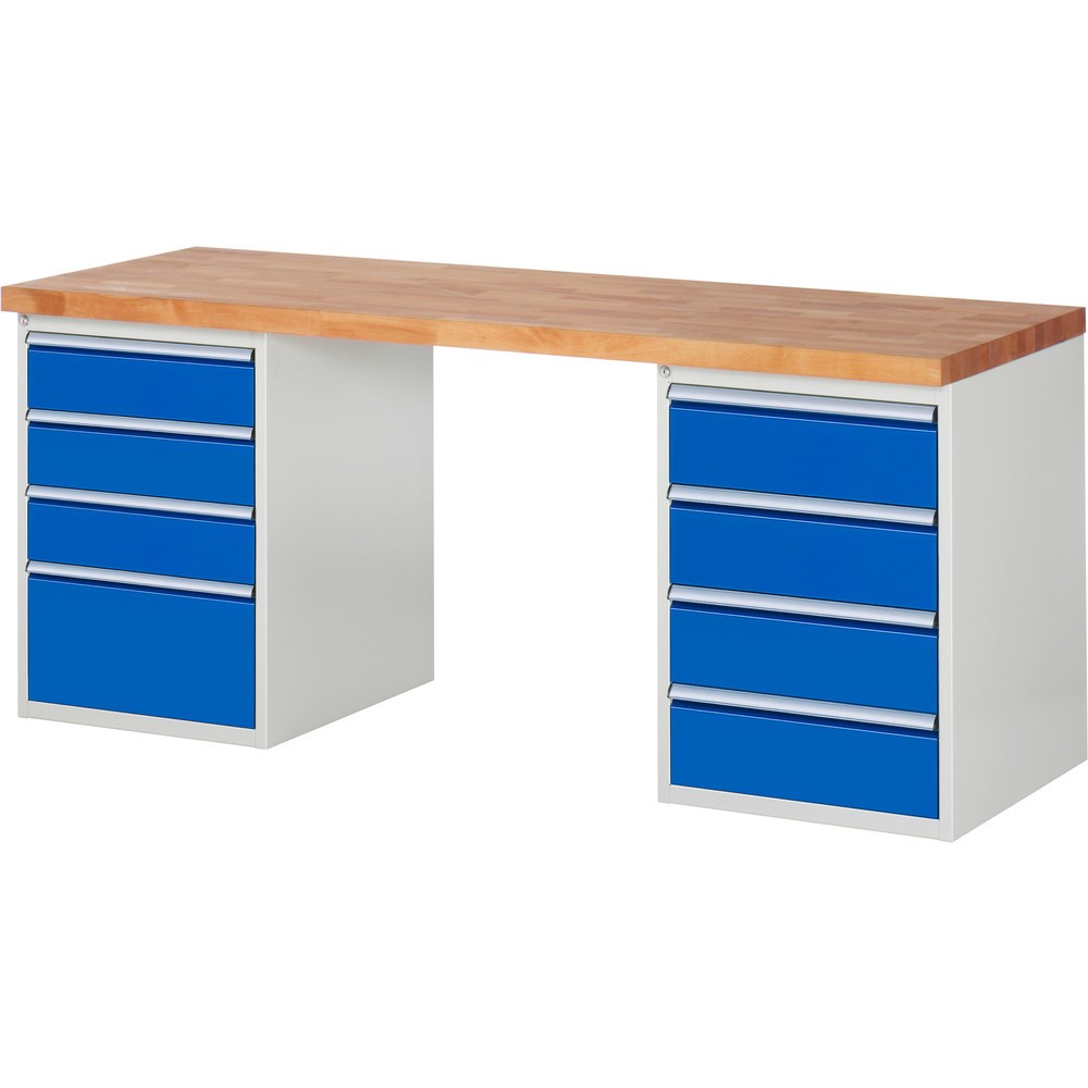 RAU Werkbank Serie 7000, 2 Container, HxBxT 890 x 2.000 x 700 mm, 8 x 90%-Auszug-Schubladen 3 x 150, 4 x 180, 1 x 270 mm