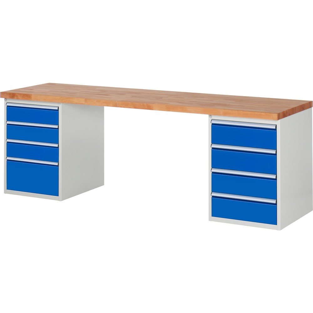 RAU Werkbank Serie 7000, 2 Container, HxBxT 840 x 2.500 x 700 mm, 8 x 90%-Auszug-Schubladen 3 x 150 mm, 4 x 180 mm, 1 x 270 mm, Schubladen-TK 100 kg