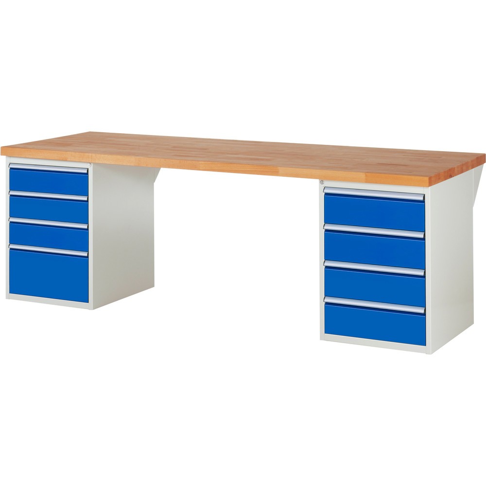RAU Werkbank Serie 7000, 2 Container, HxBxT 890 x 2.500 x 900 mm, 8 x 100%-Auszug-Schubladen 3 x 150, 4 x 180, 1 x 270 mm