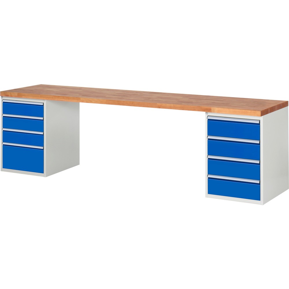 RAU Werkbank Serie 7000, 2 Container, HxBxT 890 x 3.000 x 700 mm, 8 x 90%-Auszug-Schubladen 3 x 150, 4 x 180, 1 x 270 mm