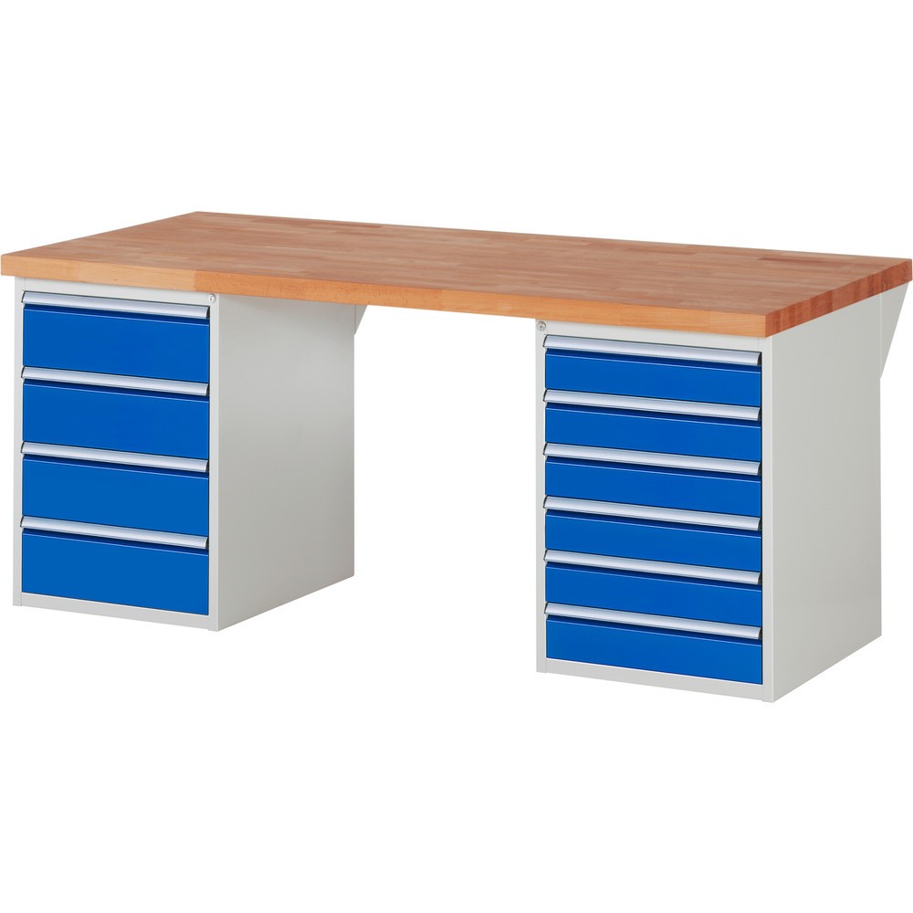RAU Werkbank Serie 7000, 2 Container, HxBxT 890 x 2.000 x 900 mm, 10 x 100%-Auszug-Schubladen 6 x 120, 4 x 180 mm