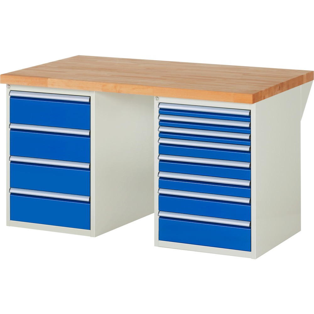 RAU Werkbank Serie 7000, 2 Container, HxBxT 840 x 1.500 x 900 mm, 12 x 90%-Auszug-Schubladen 3 x 60 mm, 3 x 90 mm, 1 x 120 mm, 1 x 150 mm, 4 x 180 mm