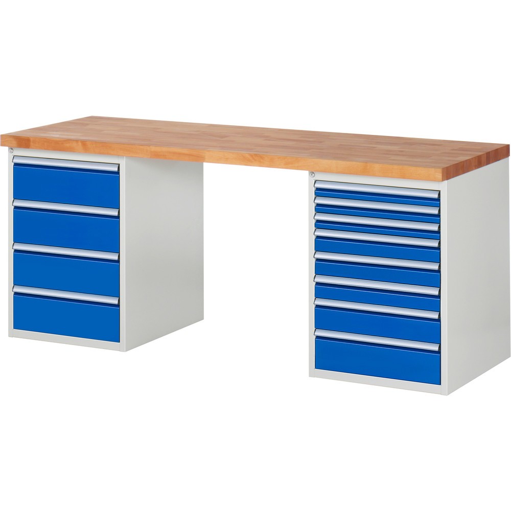RAU Werkbank Serie 7000, 2 Container, HxBxT 840 x 2.000 x 700 mm, 12 x 100%-Auszug-Schubladen 3 x 60 mm, 3 x 90 mm, 1 x 120 mm, 1 x 150 mm, 4 x 180 mm