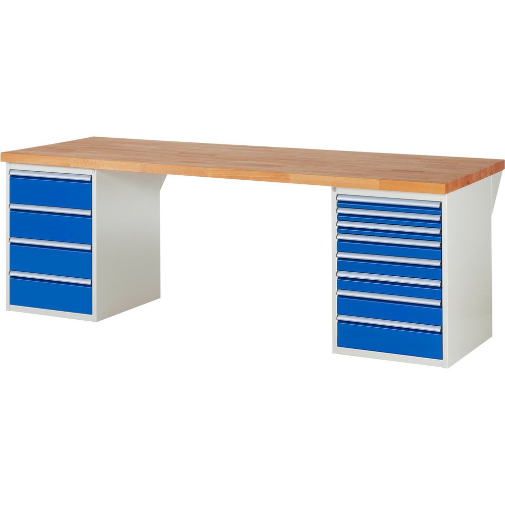RAU Werkbank Serie 7000, 2 Container, HxBxT 840 x 2.500 x 900 mm, 12 x 100%-Auszug-Schubladen 3 x 60 mm, 3 x 90 mm, 1 x 120 mm, 1 x 150 mm, 4 x 180 mm