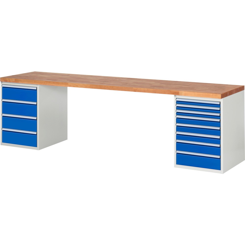 RAU Werkbank Serie 7000, 2 Container, HxBxT 840 x 3.000 x 700 mm, 12 x 100%-Auszug-Schubladen 3 x 60 mm, 3 x 90 mm, 1 x 120 mm, 1 x 150 mm, 4 x 180 mm