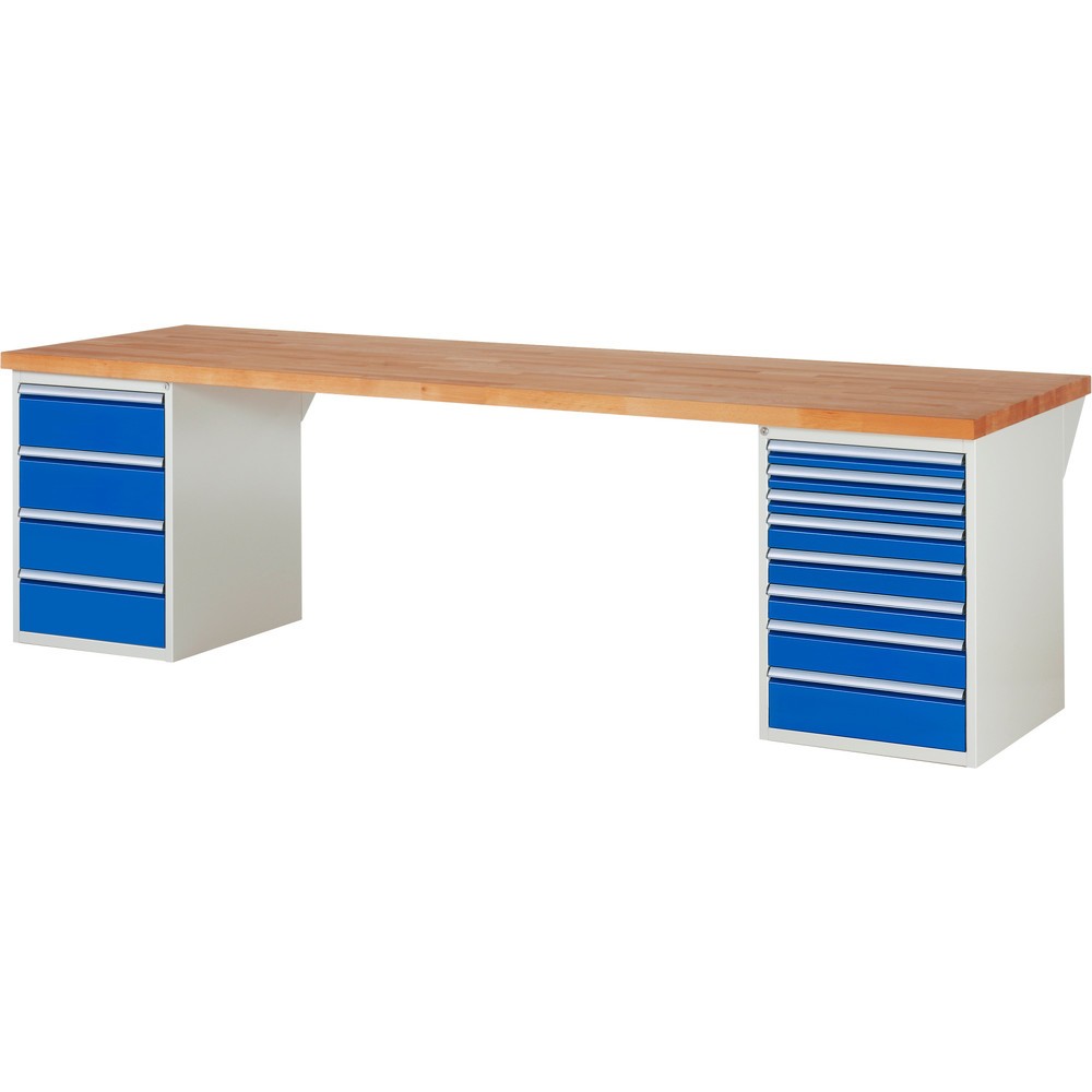 RAU Werkbank Serie 7000, 2 Container, HxBxT 890 x 3.000 x 900 mm, 12 x 100%-Auszug-Schubladen 3 x 60 mm, 3 x 90 mm, 1 x 120 mm, 1 x 150 mm, 4 x 180 mm