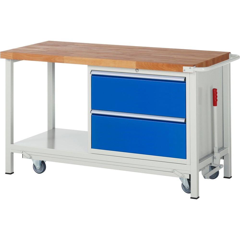 RAU Werkbank Serie 8000 mit absenkbarem Fahrgestell, 1 Container, 1 Ablageboden, HxBxT 880 x 1.500 x 700 mm, 2 x 100%-Auszug-Schubladen