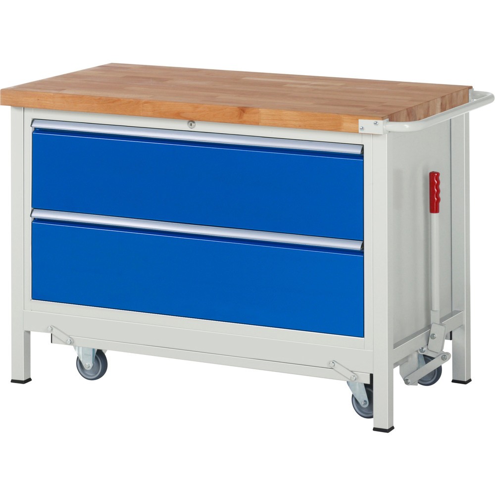 RAU Werkbank Serie 8000 mit absenkbarem Fahrgestell, 1 Container, HxBxT 880 x 1.250 x 700 mm, 2 x 100%-Auszug-Schubladen, Breite 1.055 mm