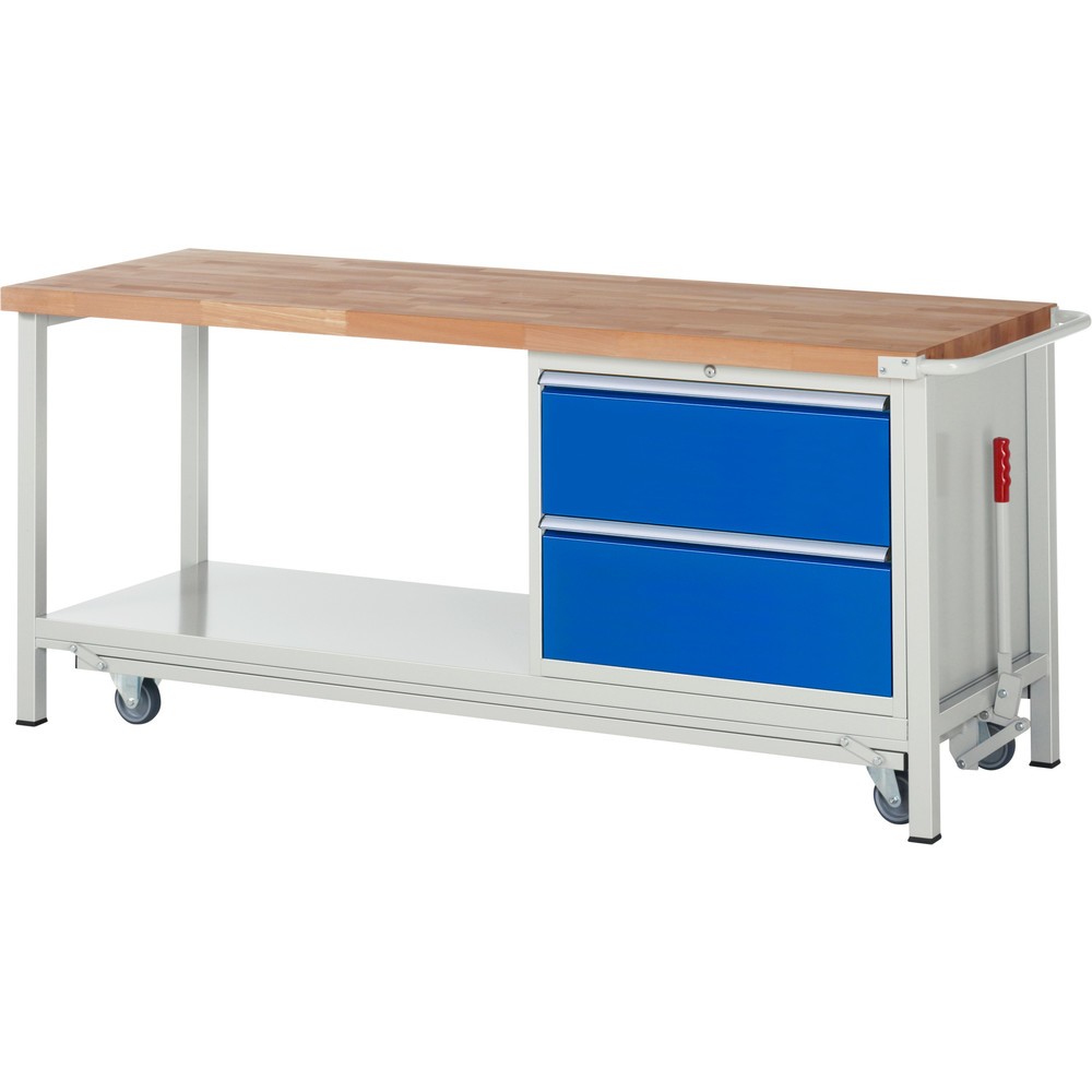 RAU Werkbank Serie 8000 mit absenkbarem Fahrgestell, 1 Container, 1 Ablageboden, HxBxT 880 x 2.000 x 700 mm, 2 x 100%-Auszug-Schubladen