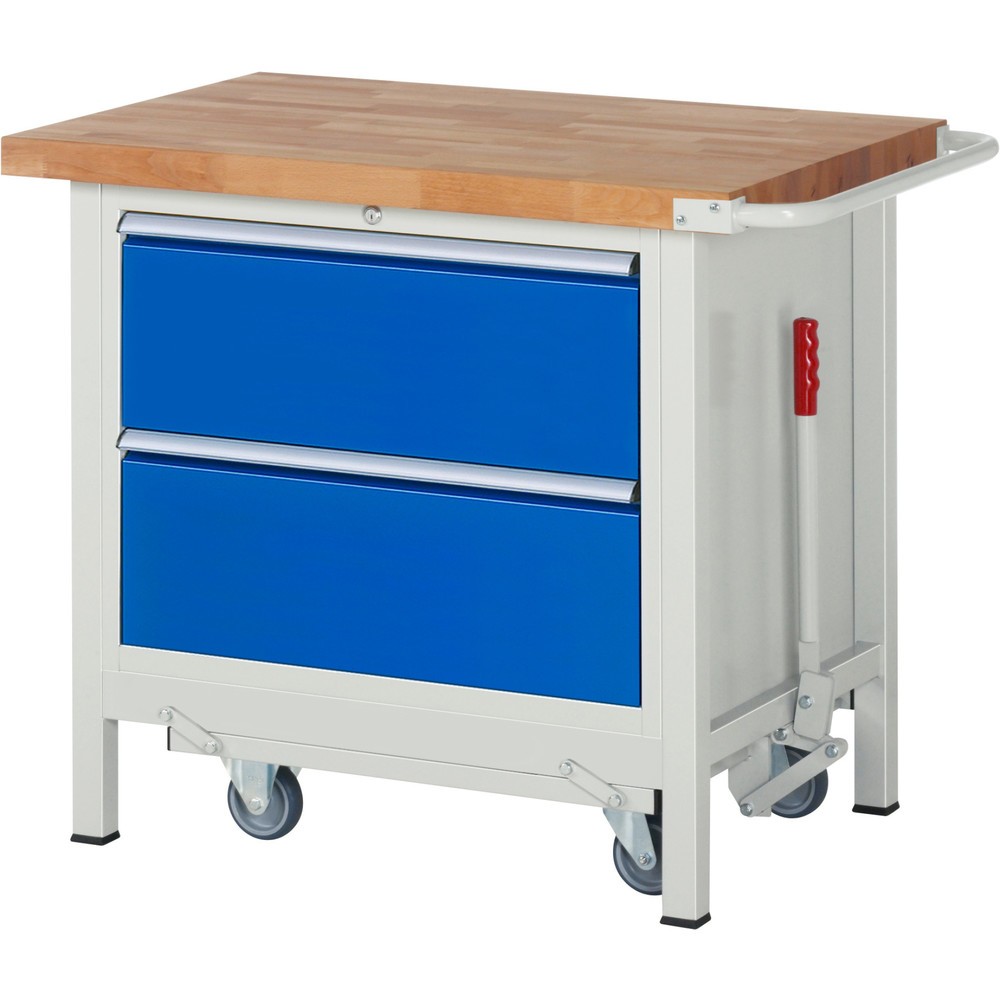RAU Werkbank Serie 8000 mit absenkbarem Fahrgestell, 1 Container, HxBxT 880 x 1.000 x 700 mm, 2 x 100%-Auszug-Schubladen, Breite 680 mm