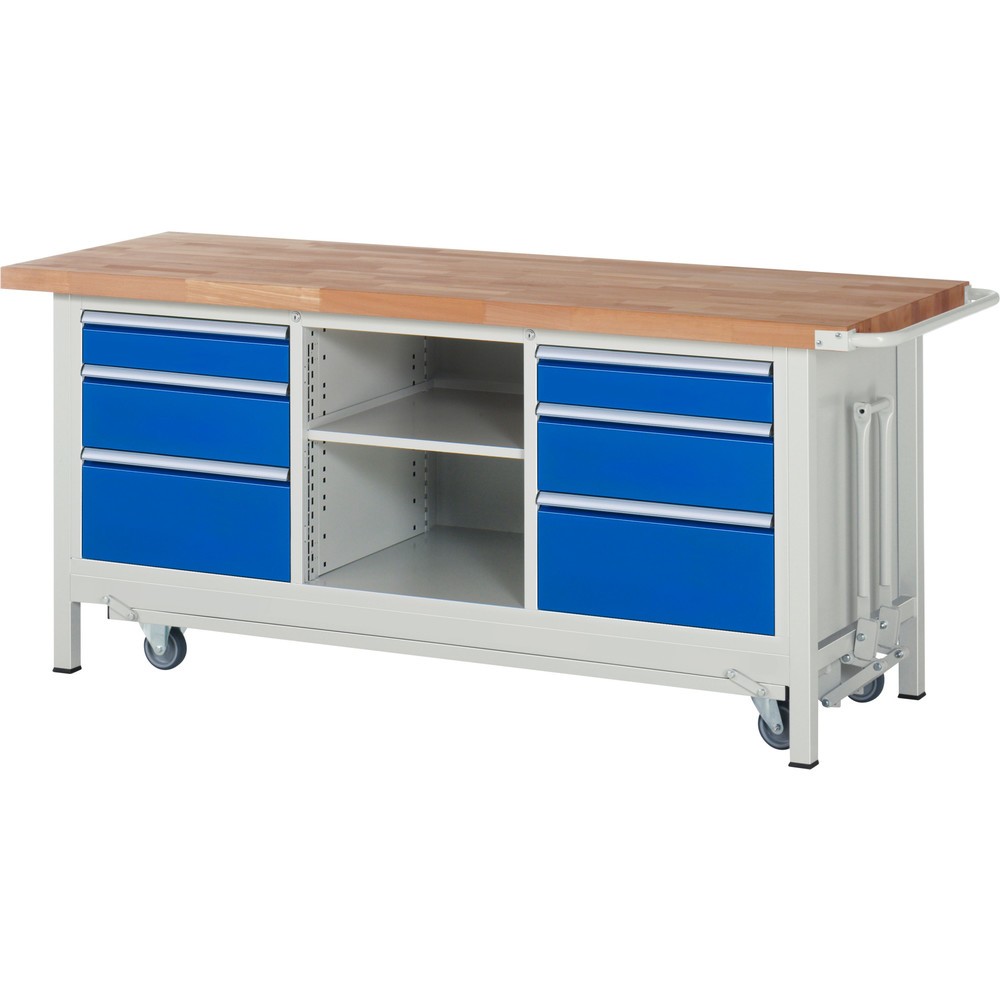RAU Werkbank Serie 8000 mit absenkbarem Fahrgestell, 1 Dreifach-Container, HxBxT 880 x 2.000 x 700 mm, 6 x 100%-Auszug-Schubladen 2 x 120 mm, 2 x 150 mm, 2 x 270 mm, 1 Fachboden