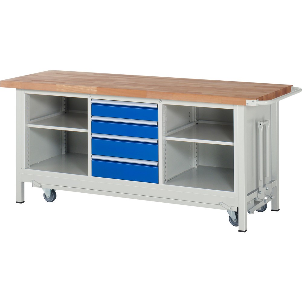 RAU Werkbank Serie 8000 mit absenkbarem Fahrgestell, 1 Dreifach-Container, HxBxT 880 x 2.000 x 700 mm, 4 x 90%-Auszug-Schubladen, 2 Fachböden