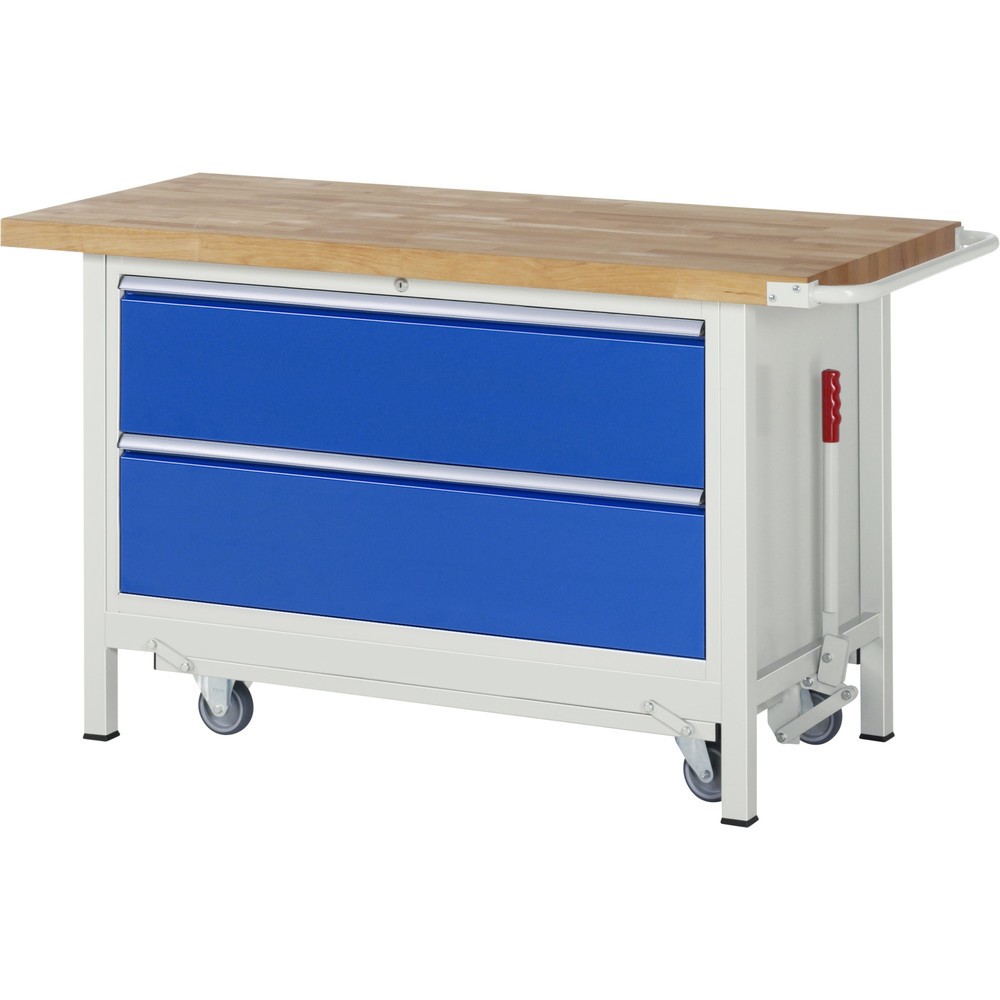 RAU Werkbank Serie 8000 mit absenkbarem Fahrgestell, 1 Container, HxBxT 880 x 1.500 x 700 mm, 2 x 100%-Auszug-Schubladen, Breite 1.055 mm
