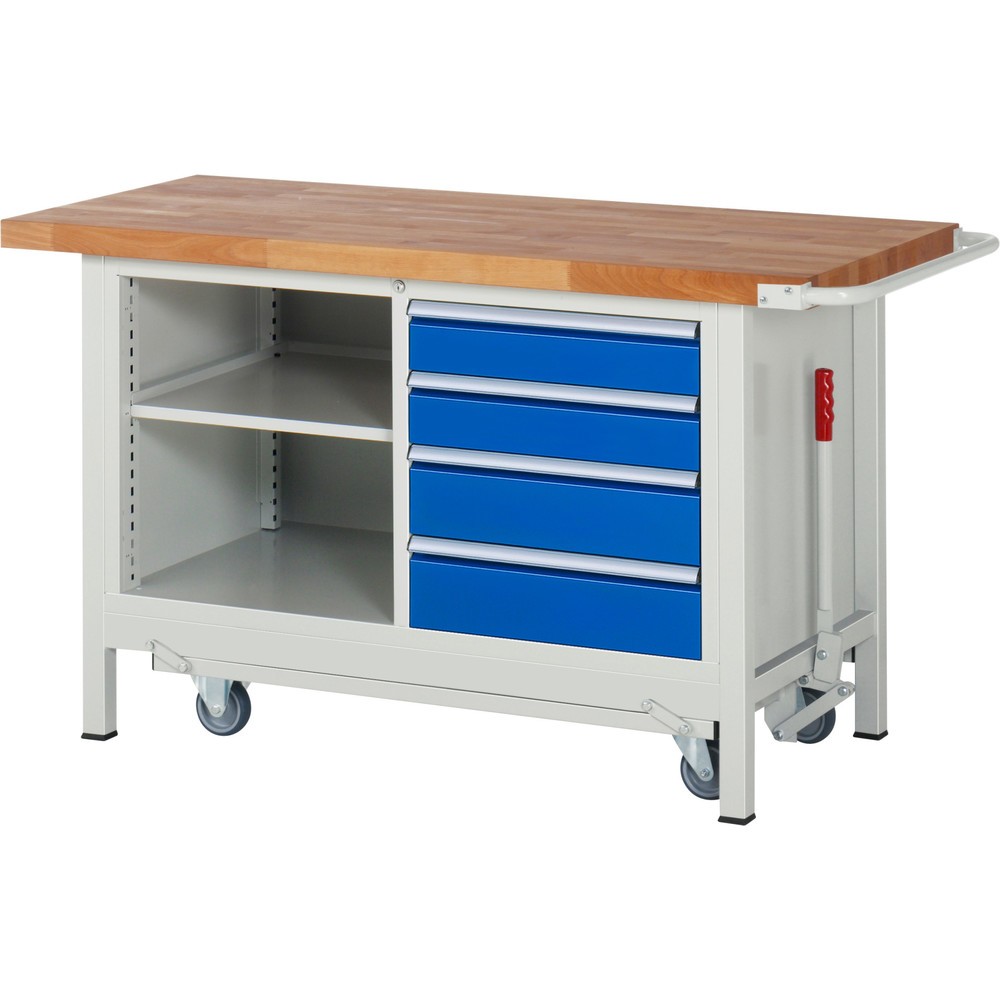 RAU Werkbank Serie 8000 mit absenkbarem Fahrgestell, 1 Doppel-Container, HxBxT 880 x 1.500 x 700 mm, 4 x 90%-Auszug-Schubladen, 1 Fachboden