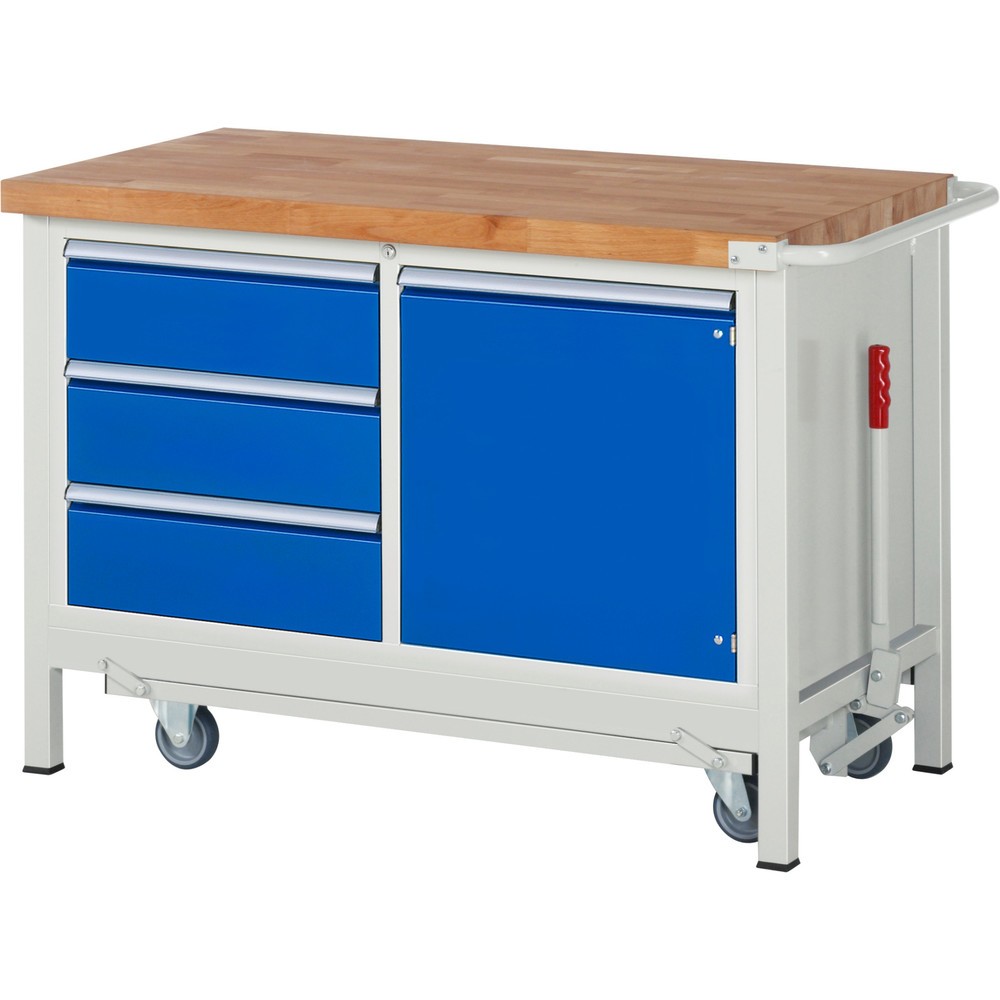 RAU Werkbank Serie 8000 mit absenkbarem Fahrgestell, 1 Doppel-Container, HxBxT 880 x 1.250 x 700 mm, 1 Flügeltür, 3 x 100%-Auszug-Schubladen