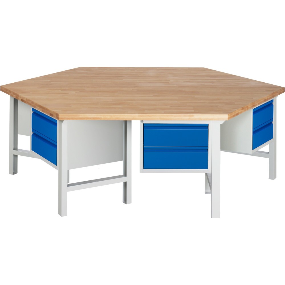 RAU Gruppenwerkbank Serie 4000, 6 Container, HxBxT 840 x 2.700 x 2.340 mm, 12 x 90%-Auszug-Schubladen mit Griffkantung