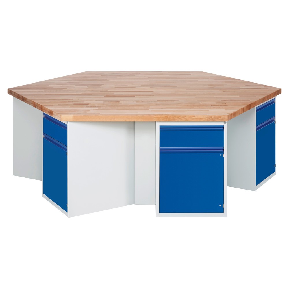RAU Gruppenwerkbank Serie 4000, 6 Container, HxBxT 890 x 2.700 x 2.340 mm, 6 Flügeltüren, 6 x 90%-Auszug-Schubladen mit Griffkantung