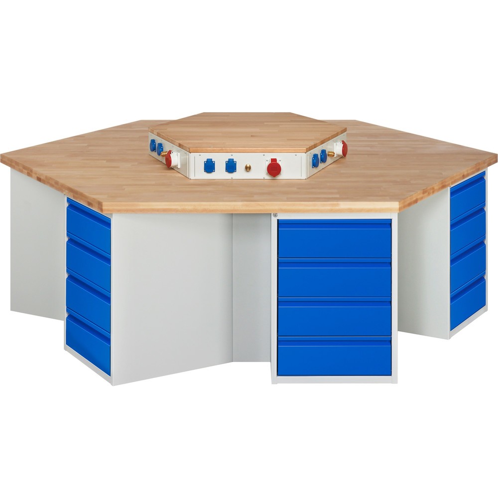 RAU Gruppenwerkbank Serie 4000, Energieaufsatz, 6 Container, HxBxT 890 x 2.700 x 2.340 mm, 24 x 90%-Auszug-Schubladen mit Griffkantung 24 x 180 mm