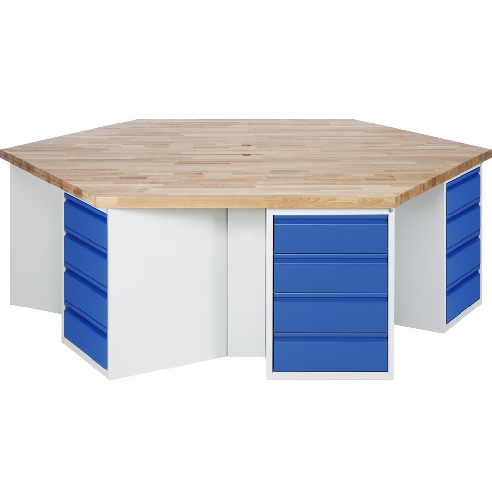 RAU Gruppenwerkbank Serie 4000, 6 Container, HxBxT 840 x 2.700 x 2.340 mm, 24 x 90%-Auszug-Schubladen mit Griffkantung 24 x 180 mm