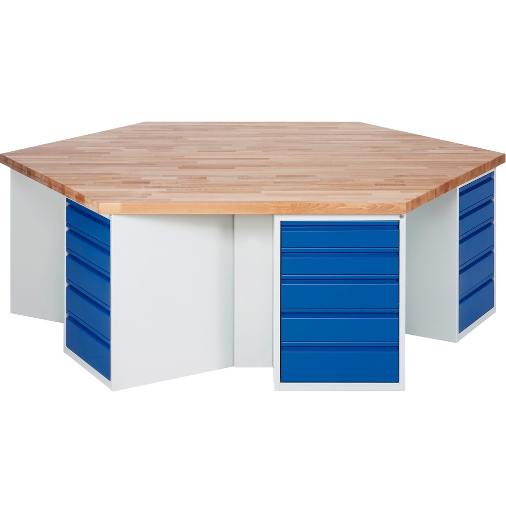 RAU Gruppenwerkbank Serie 4000, 6 Container, HxBxT 840 x 2.700 x 2.340 mm, 30 x 90%-Auszug-Schubladen 12 x 120 mm, 12 x 150 mm, 6 x 180 mm