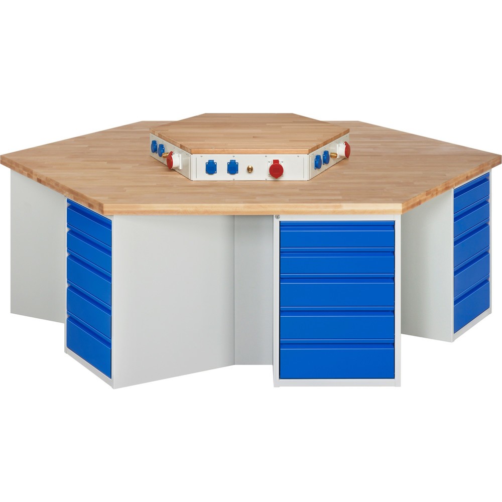 RAU Gruppenwerkbank Serie 4000, Energieaufsatz, 6 Container, HxBxT 890 x 2.700 x 2.340 mm, 30 x 90%-Auszug-Schubladen 12 x 120 mm, 12 x 150 mm, 6 x 180 mm