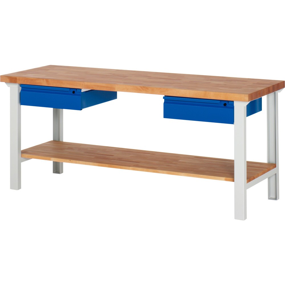 RAU Werkbank Serie 7000, 1 Buche-Massiv-Ablageboden, HxBxT 840 x 2.000 x 700 mm, 2 Schubladen 2 x 150 mm
