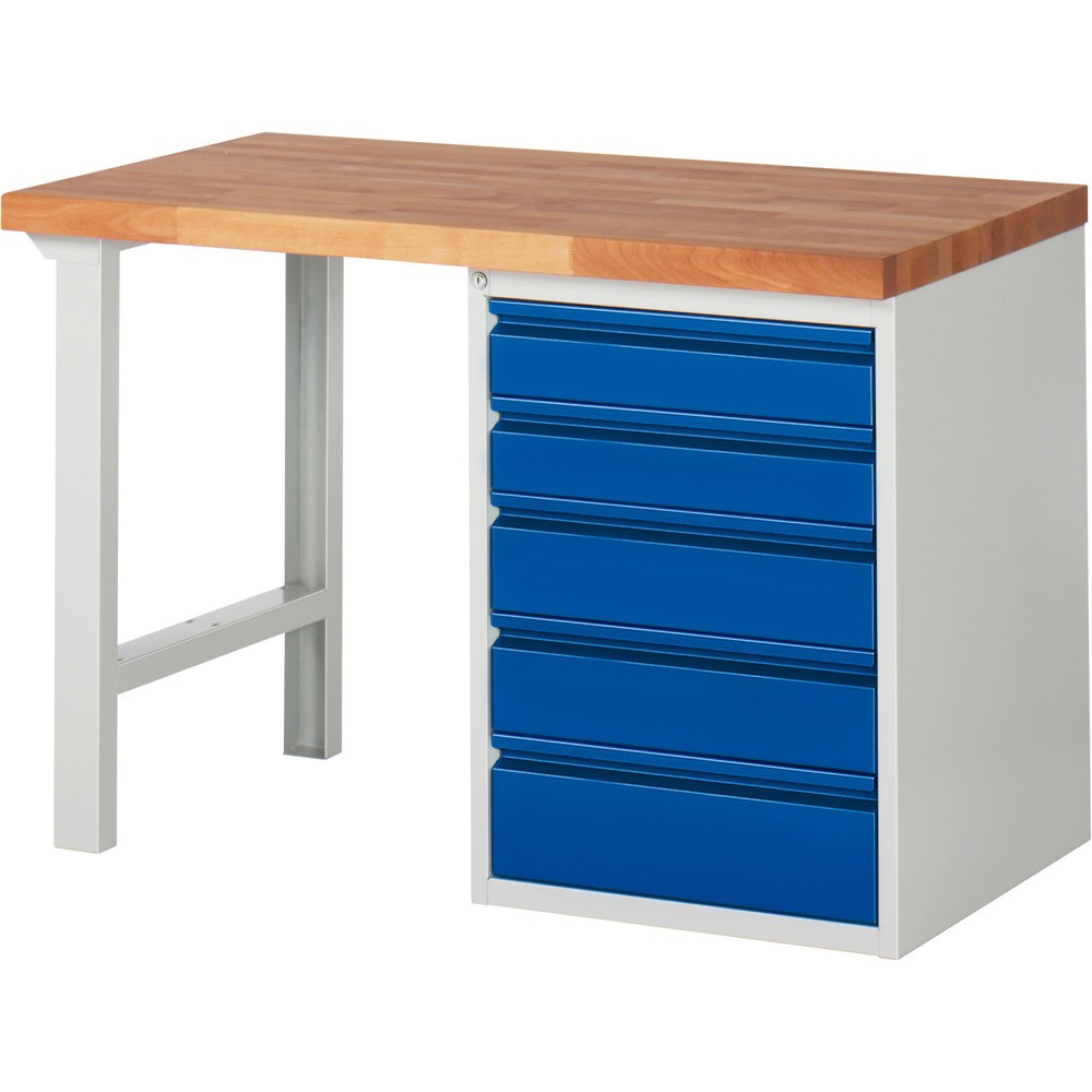 RAU Werkbank Serie 7000, 1 Container, HxBxT 840 x 1.250 x 700 mm, 5 x 90%-Auszug-Schubladen 2 x 120, 2 x 150, 1 x 180 mm, Schubladen-TK 100 kg