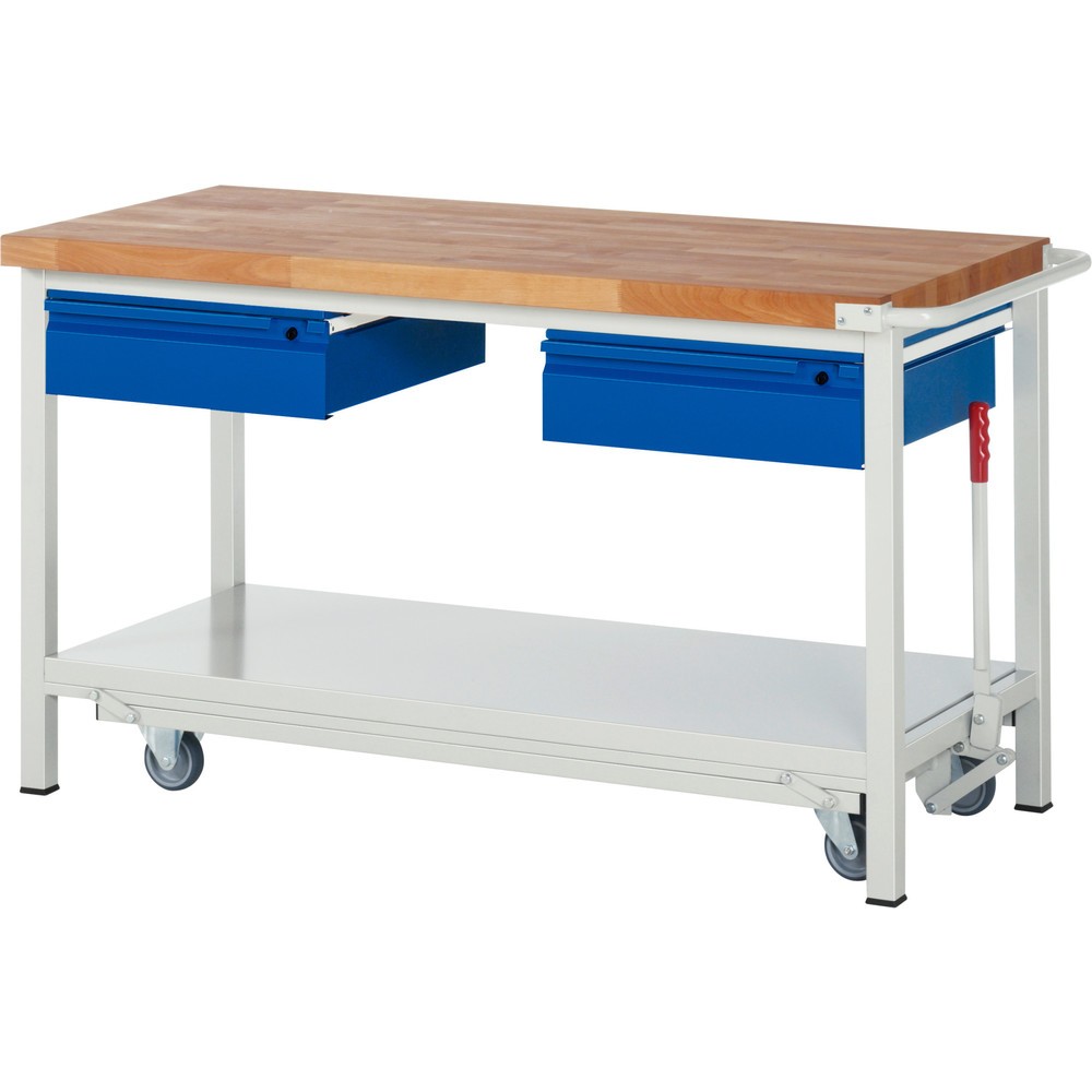 RAU Werkbank Serie 8000 mit absenkbarem Fahrgestell, 2 Schubladen, 1 Ablageboden, HxBxT 880 x 1.500 x 700 mm, 2 Schubladen