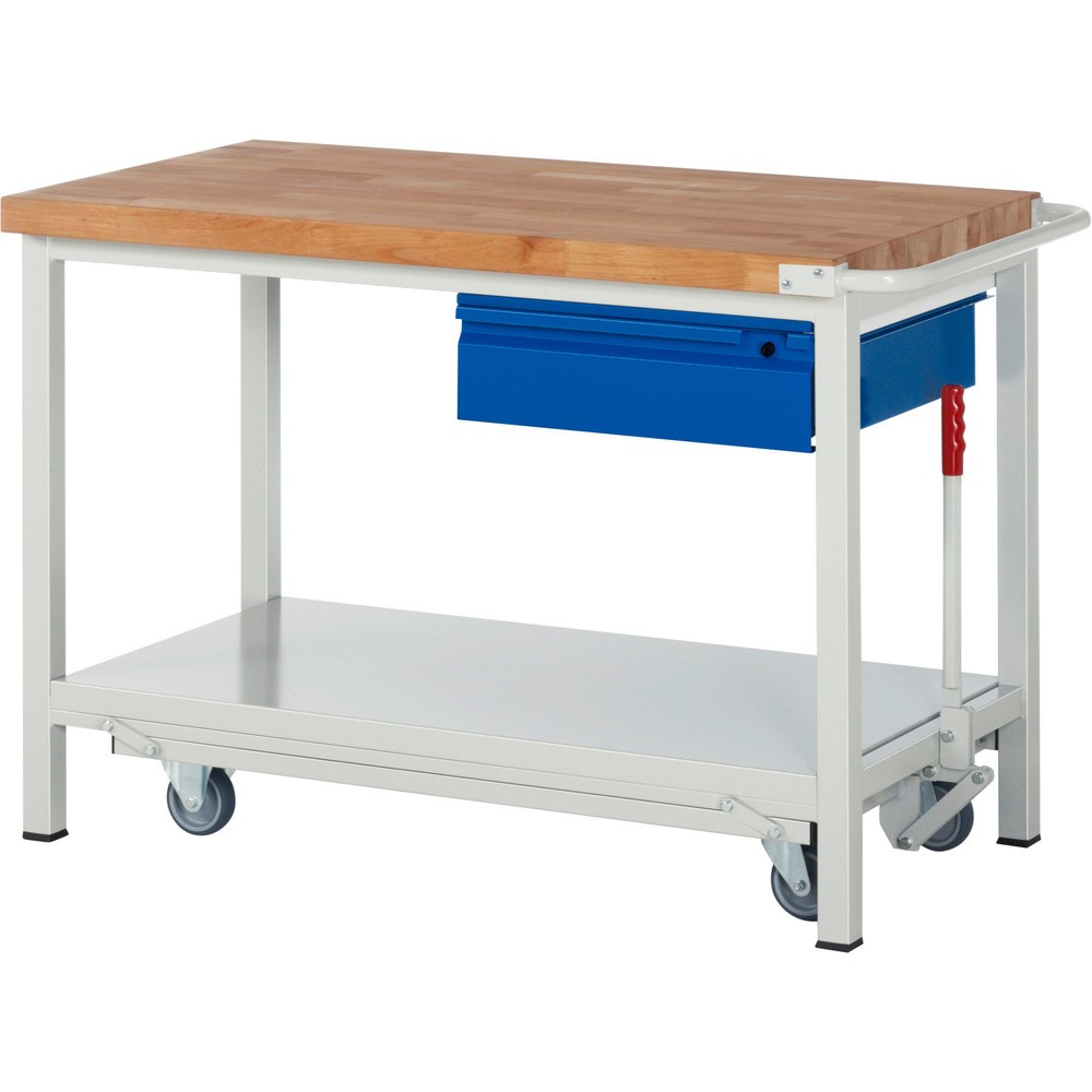 RAU Werkbank Serie 8000 mit absenkbarem Fahrgestell, HxBxT 880 x 1.250 x 700 mm, Ablageboden, 1 Schublade, integrierte Griffleiste