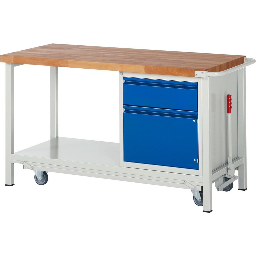 RAU Werkbank Serie 8000 mit absenkbarem Fahrgestell, 1 Container, 1 Ablageboden, HxBxT 880 x 1.500 x 700 mm, 1 x 90%-Auszug-Schubladen, 1 Flügeltür, Griffleiste