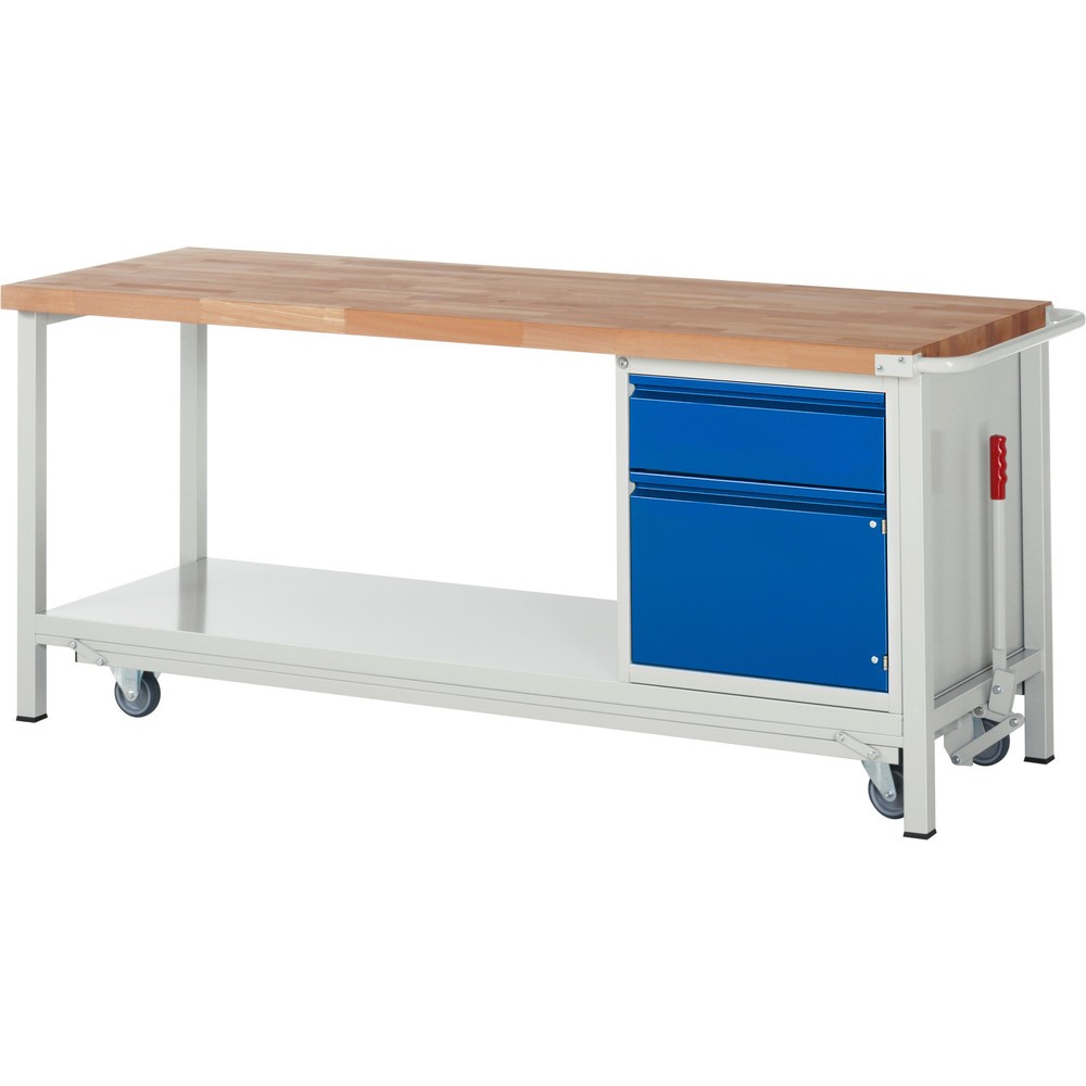 RAU Werkbank Serie 8000 mit absenkbarem Fahrgestell, 1 Container, 1 Ablageboden, HxBxT 880 x 2.000 x 700 mm, 1 x 90%-Auszug-Schubladen, 1 Flügeltür, Griffleiste