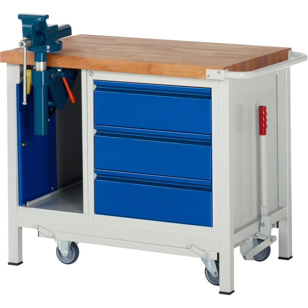 RAU Werkbank Serie 8000 mit absenkbarem Fahrgestell, 2 Container, HxBxT 880 x 1.000 x 700 mm, 3 x 90%-Auszug-Schubladen, Griffleiste