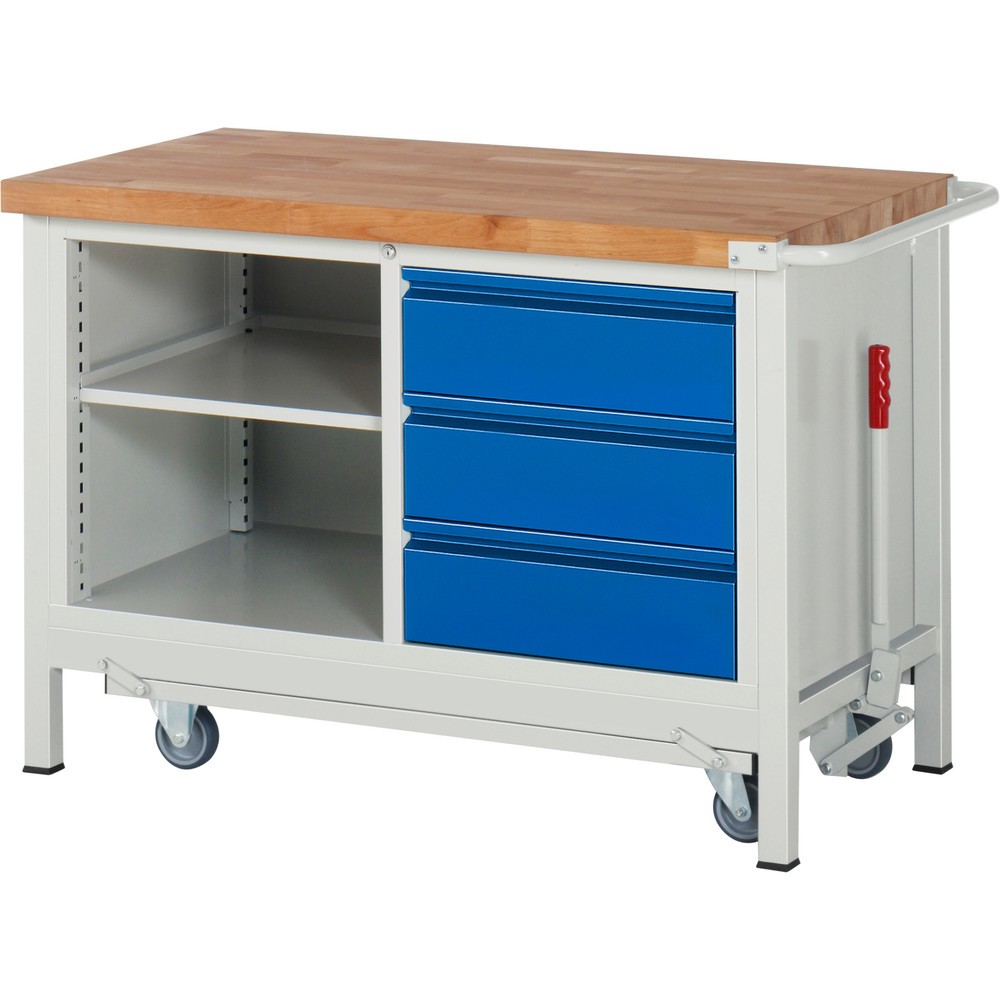 RAU Werkbank Serie 8000 mit absenkbarem Fahrgestell, 1 Doppel-Container, HxBxT 880 x 1.250 x 700 mm, 1 Fachboden, 3 x 90%-Auszug-Schubladen, integrierte Griffleiste