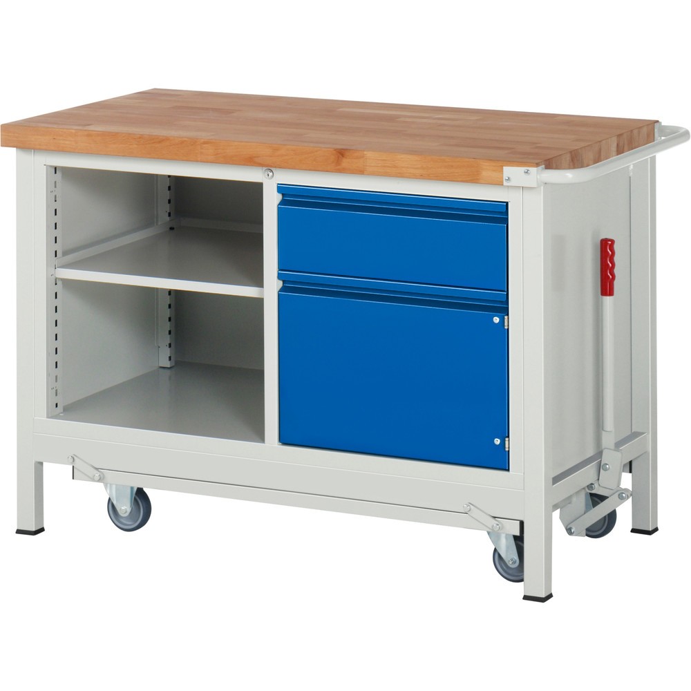 RAU Werkbank Serie 8000 mit absenkbarem Fahrgestell, 1 Doppel-Container, HxBxT 880 x 1.250 x 700 mm, 1 Schubladen, 1 Flügeltür, 1 Fachboden