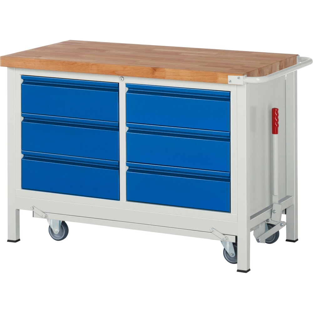 RAU Werkbank Serie 8000 mit absenkbarem Fahrgestell, 1 Doppel-Container, HxBxT 880 x 1.250 x 700 mm, 6 x 90%-Auszug-Schubladen 6 x 180 mm