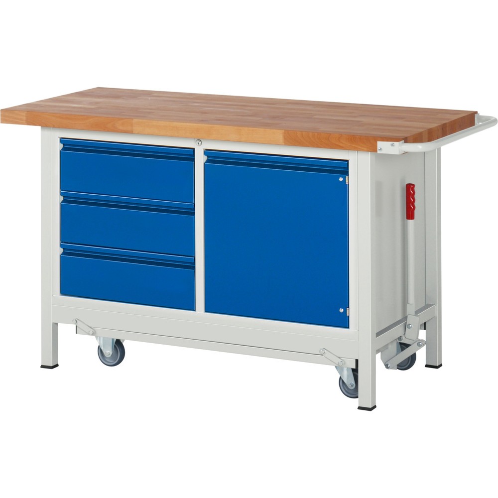 RAU Werkbank Serie 8000 mit absenkbarem Fahrgestell, 1 Doppel-Container, HxBxT 880 x 1.500 x 700 mm, 1 Flügeltür, 3 x 90%-Auszug-Schubladen, integrierte Griffleiste