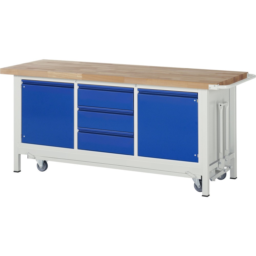 RAU Werkbank Serie 8000 mit absenkbarem Fahrgestell, 1 Dreifach-Container, HxBxT 880 x 2.000 x 700 mm, 2 Flügeltüren, 3 x 90%-Auszug-Schubladen, integrierte Griffleiste