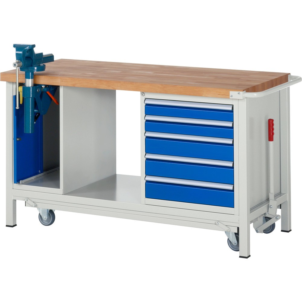 RAU Werkbank Serie 8000 mit absenkbarem Fahrgestell, 2 Container, 1 Ablageboden, HxBxT 880 x 1.500 x 700 mm, 5 x 90%-Auszug-Schubladen