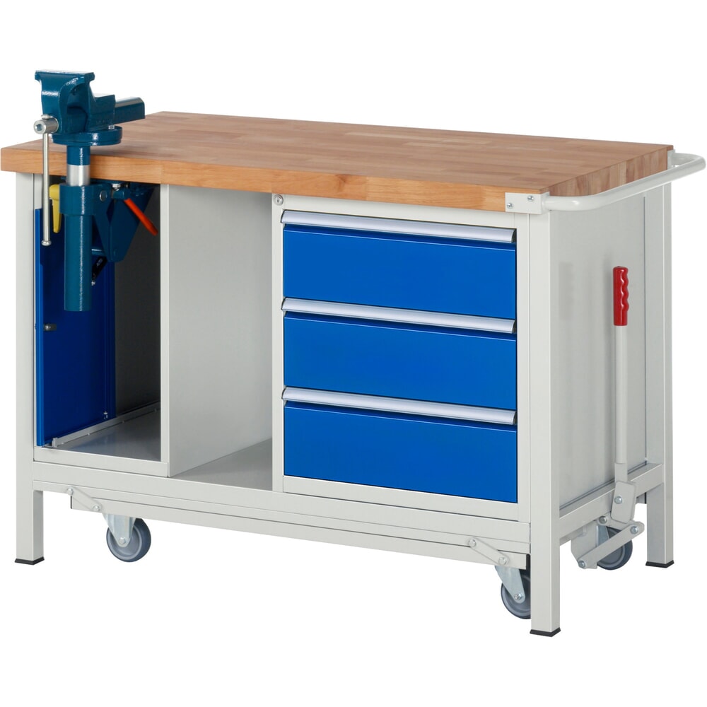 RAU Werkbank Serie 8000 mit absenkbarem Fahrgestell, 2 Container, 1 Ablageboden, HxBxT 880 x 1.250 x 700 mm, 3 x 100%-Auszug-Schubladen, ErgoScript®
