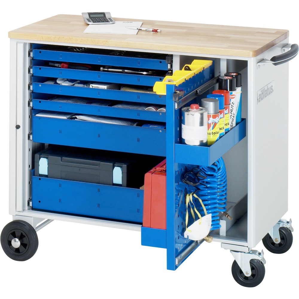 RAU Werkzeugwagen Serie adlatus, HxBxT 890 x 1.025 x 520 mm, 6 Schubladen 4 x 40, 1 x 105, 1 x 130 mm, Arbeitsplatte Buche