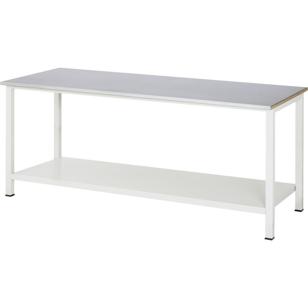 RAU Werktisch 900 mit Ablageboden Tiefe 650 mm, HxBxT 825 x 2.500 x 800 mm, Arbeitplatte Stahlblech-Belag