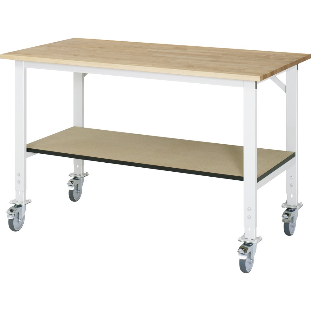 RAU höhenverstellbarer, mobiler Werktisch Serie TOM, HxBxT 910-1.230 x 1.500 x 800 mm, Arbeitsplatte Buche-Massiv