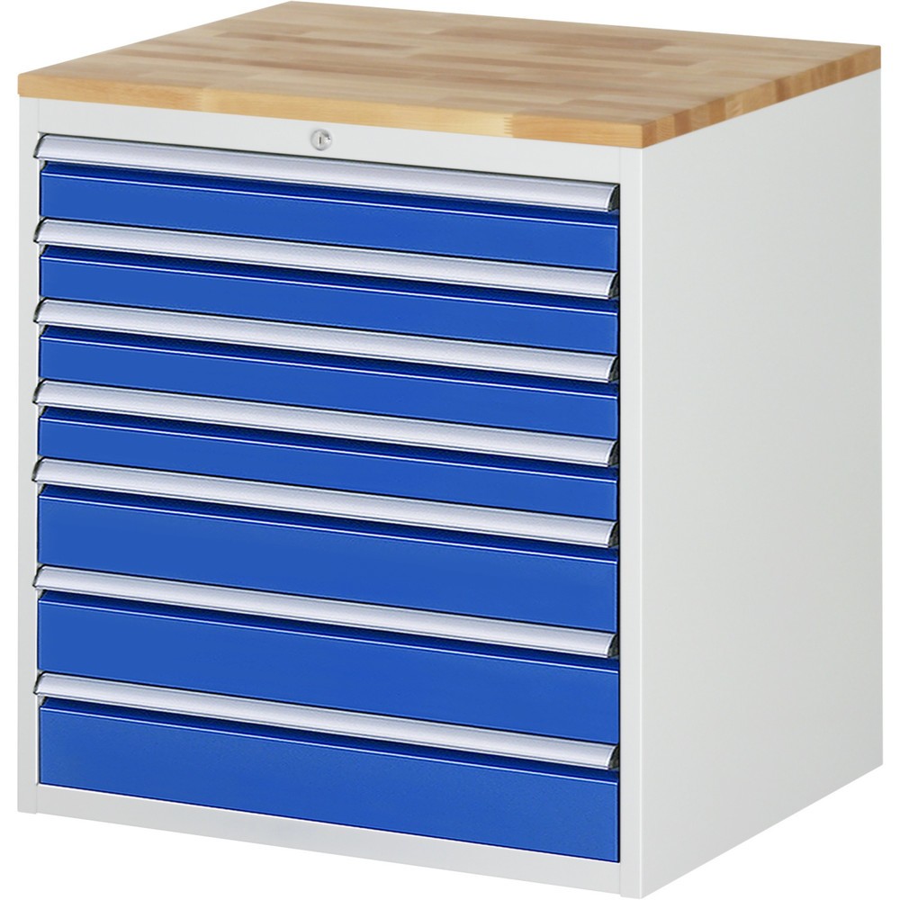 RAU Schubladenschrank Serie 7000, HxBxT 825 x 770 x 650 mm, 7 x 100%-Auszug-Schubladen 4 x 90, 3 x 120 mm, Arbeitsplatte Buche