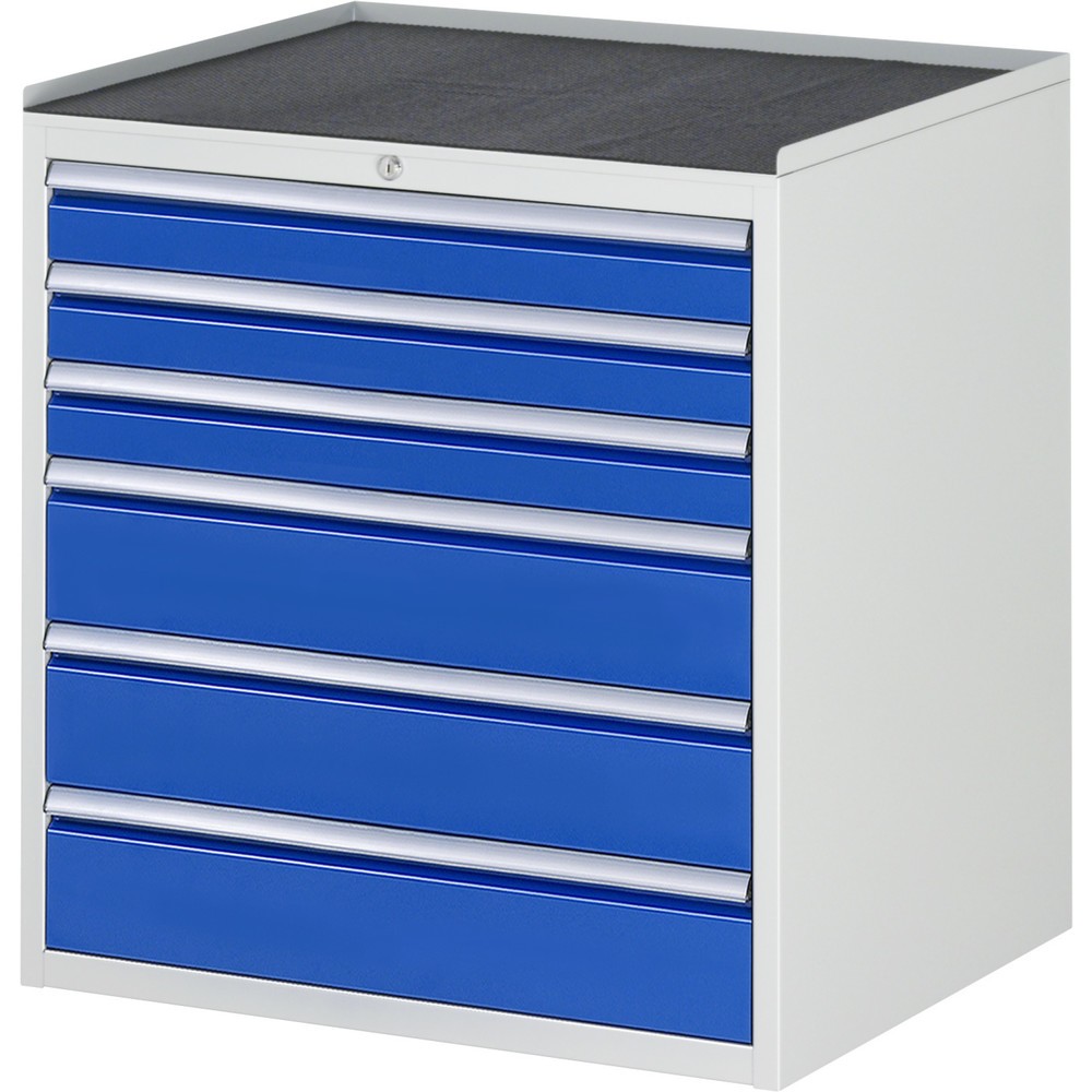 RAU Schubladenschrank Serie 7000, HxBxT 825 x 770 x 650 mm, 6 x 100%-Auszug-Schubladen 3 x 90, 3 x 150 mm, Arbeitsplatte Metall