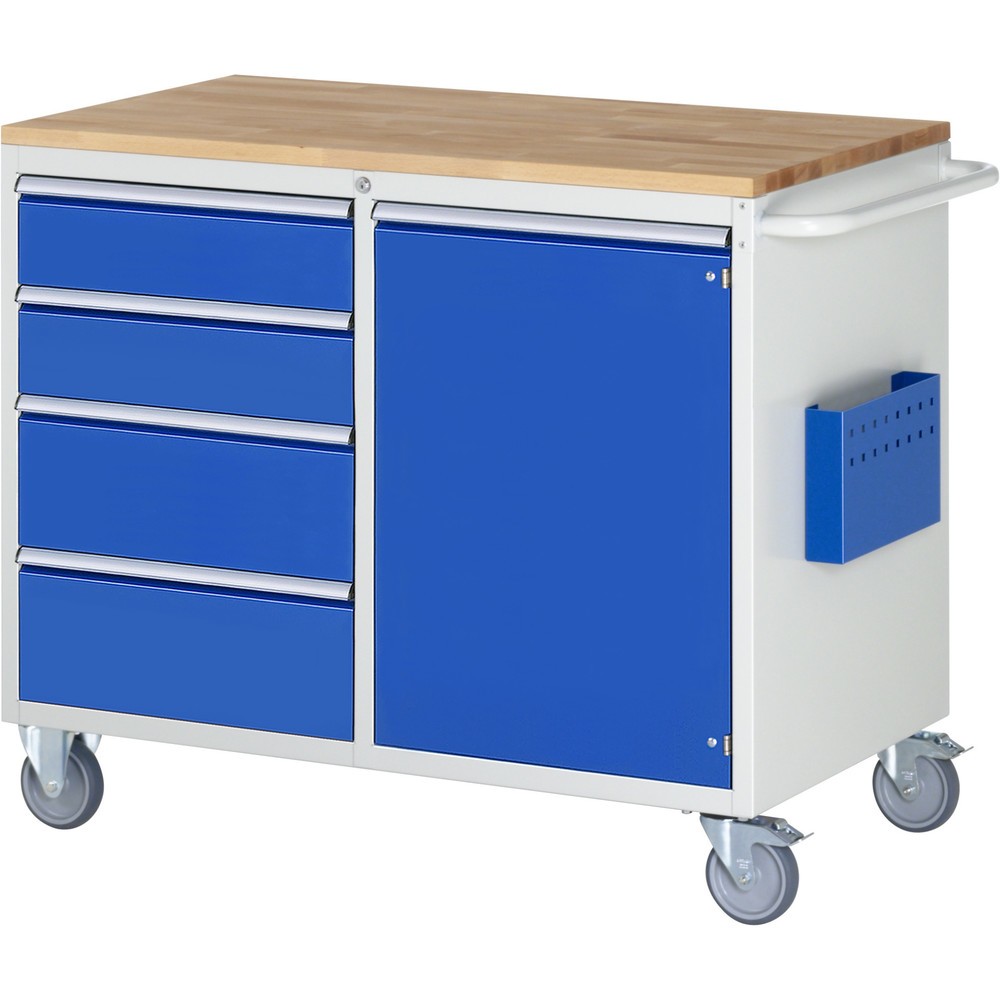 RAU Werkstattwagen Serie 7000, HxBxT 975 x 1.145 x 650 mm, 1 Flügeltür, 4 x 100%-Auszug-Schubladen 2 x 150, 2 x 210 mm, Arbeitsplatte Buche