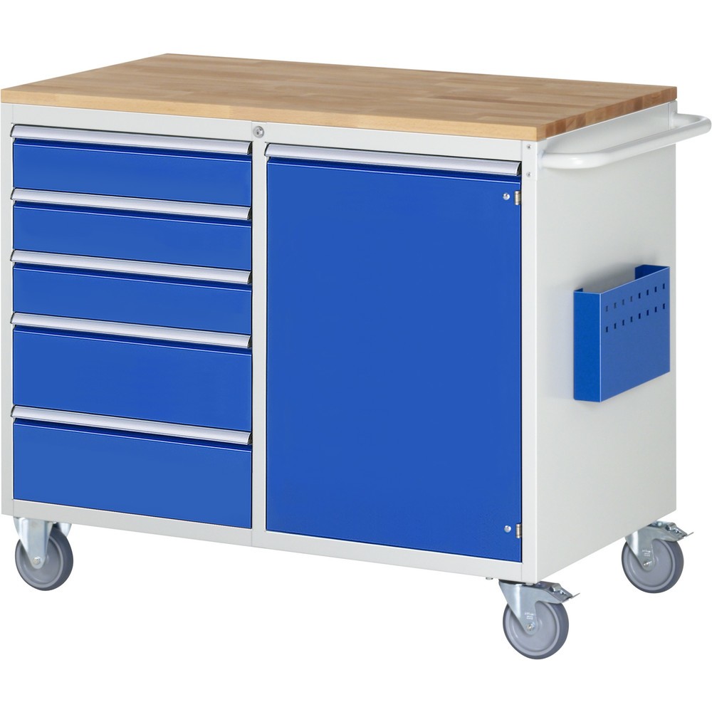 RAU Werkstattwagen Serie 7000, HxBxT 975 x 1.145 x 650 mm, 1 Flügeltür, 5 x 100%-Auszug-Schubladen 3 x 120, 2 x 180 mm, Arbeitsplatte Buche
