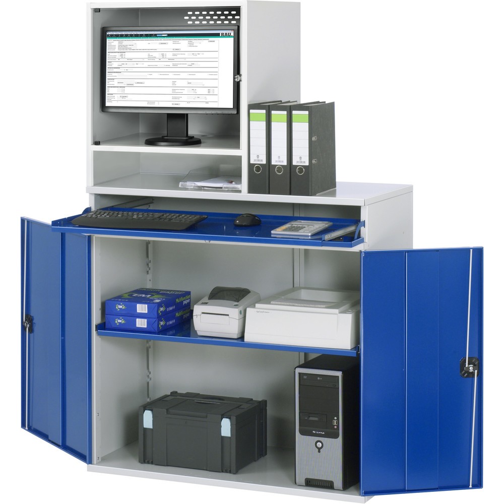 RAU Computer-Schrank, Monitorgehäuse, Tastaturauszug, Doppel-Flügeltür, Monitorfach Tiefe 500, 1 x Auszugstablar, stationär