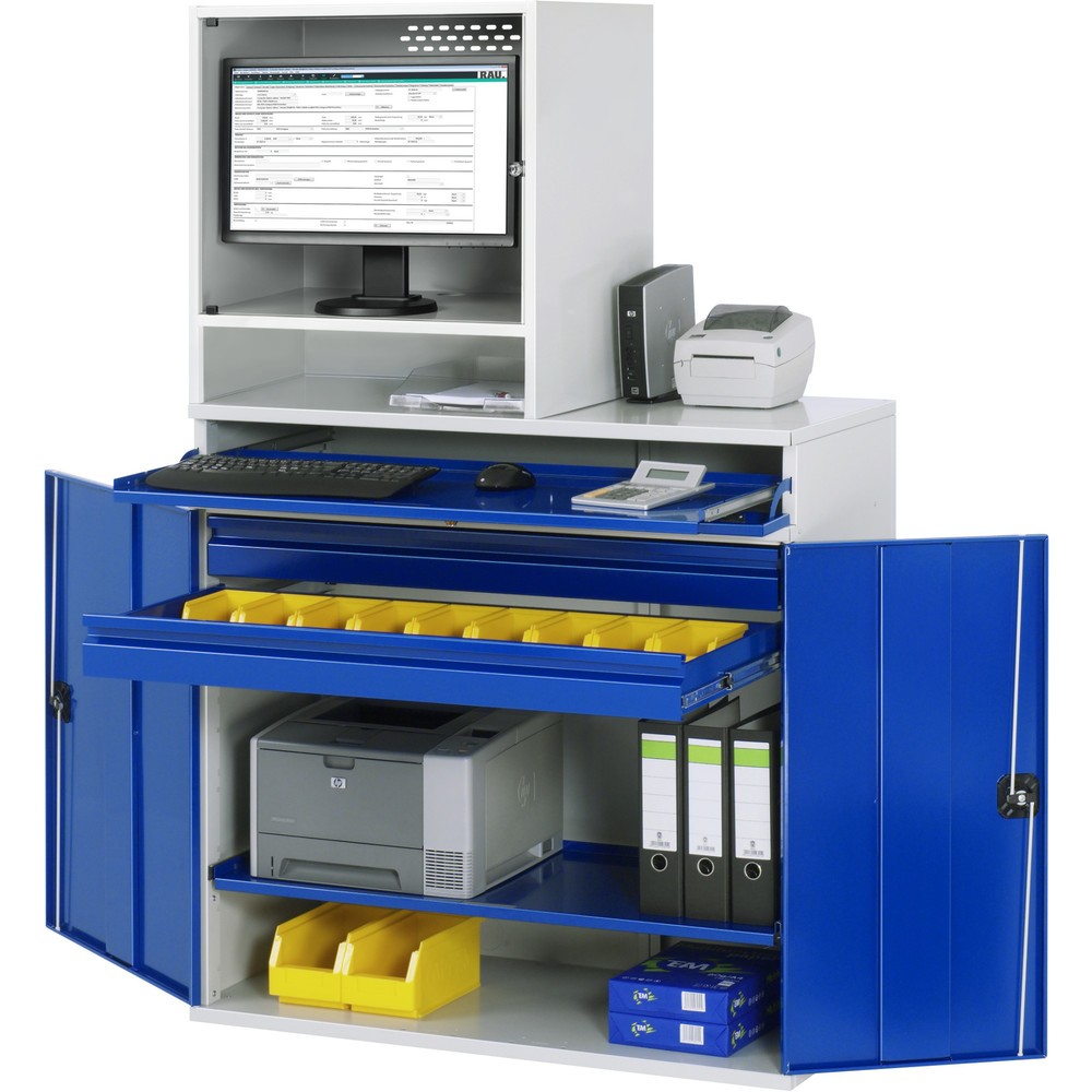 RAU Computer-Schrank, Monitorgehäuse, Tastaturauszug, Doppel-Flügeltür, Schubladenanzahl x H x B: 2 x 80 x 1.020 mm
